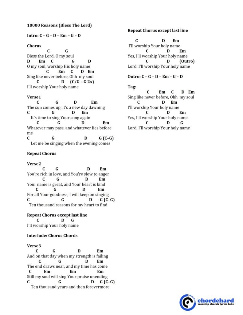 10000 Reasons (Bless The Lord) by Matt Redman Chords and Lyrics