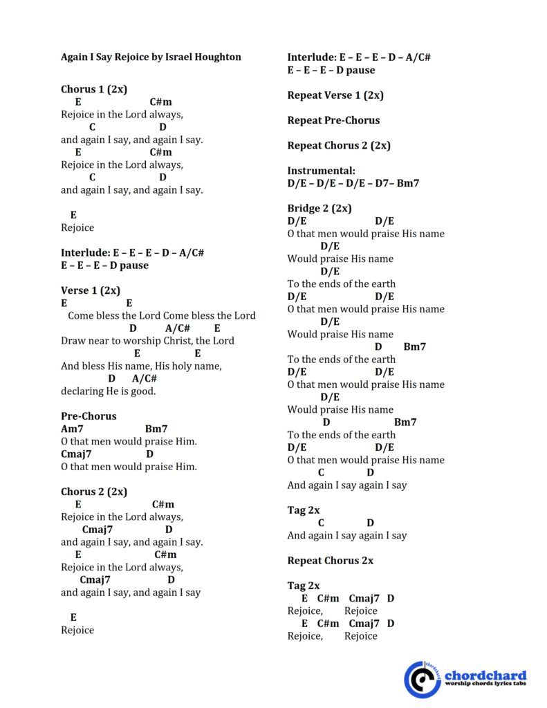 Again I Say Rejoice by Israel Houghton Chords and Lyrics