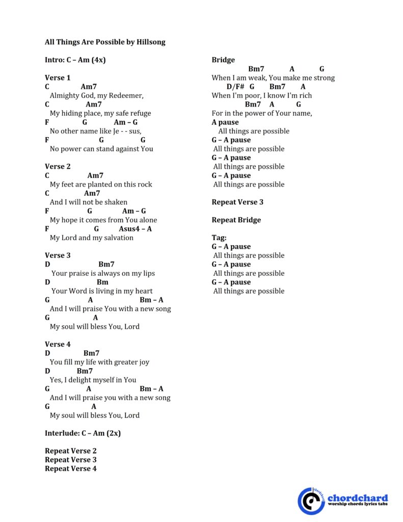 All Things Are Possible by Hillsong Chords and Lyrics