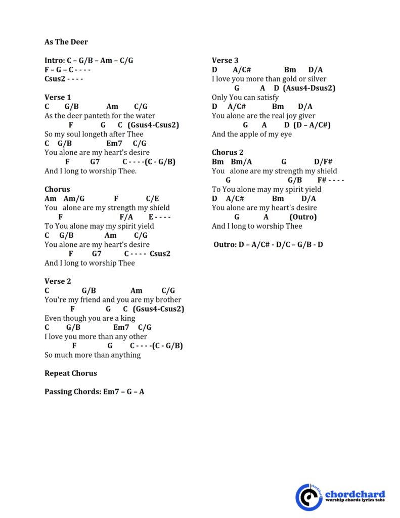 As The Deer Female Key of C Lyric and Chords