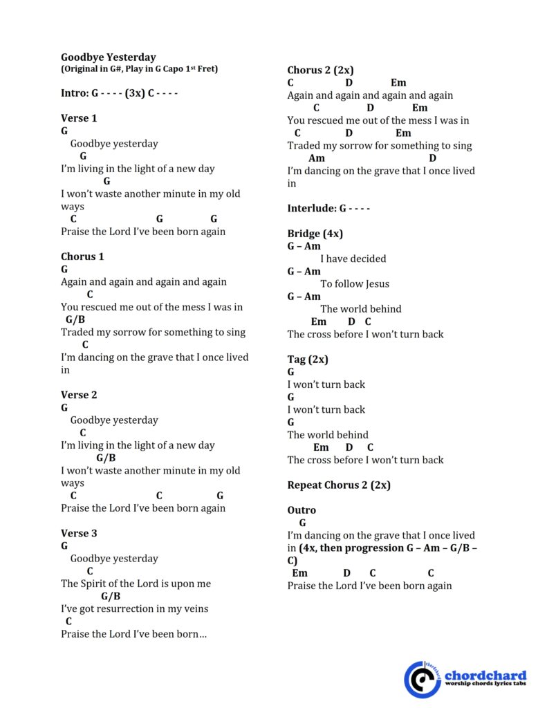 Goodbye Yesterday by Elevation Rhythm Chords and Lyrics