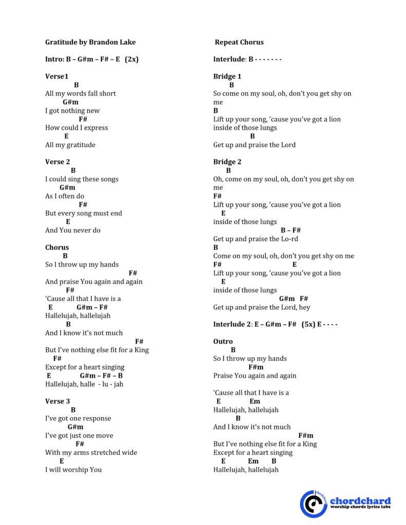 Gratitude by Brandon Lake Chords and Lyrics