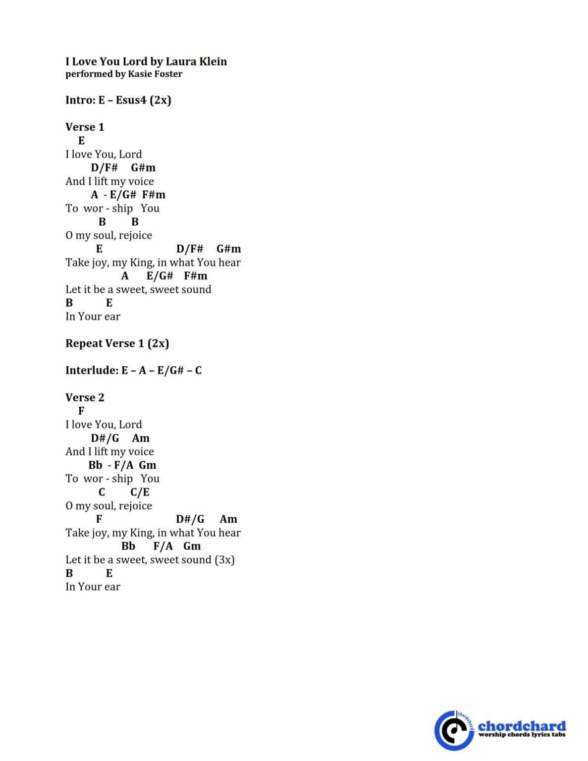 I Love You Lord by Laura Klein Chords and Lyrics
