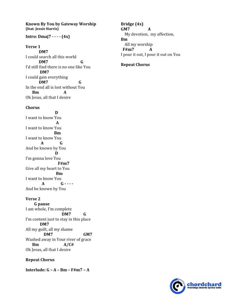 Known by You Gateway Worship Chords and Lyrics