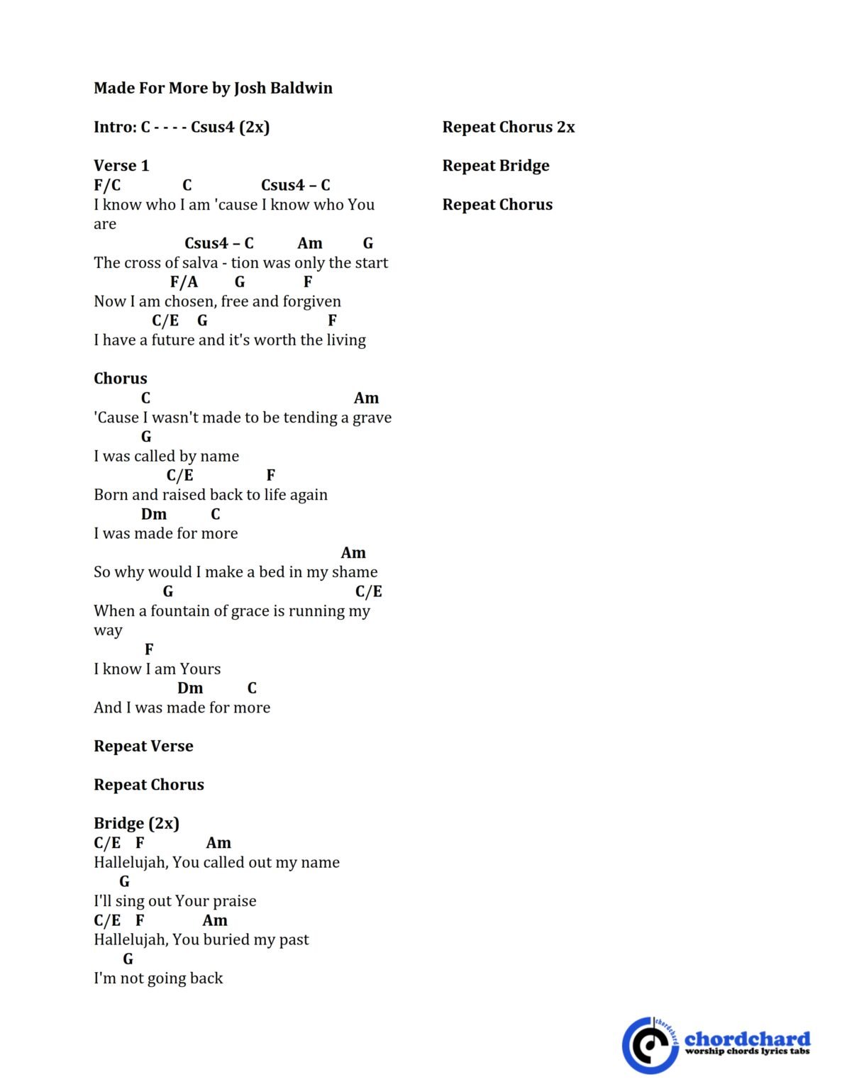 Made For More by Josh Baldwin Free Chords and Lyrics