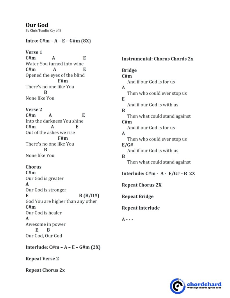 Our God by Chris Tomlin Female Key of C Lyric and Chords