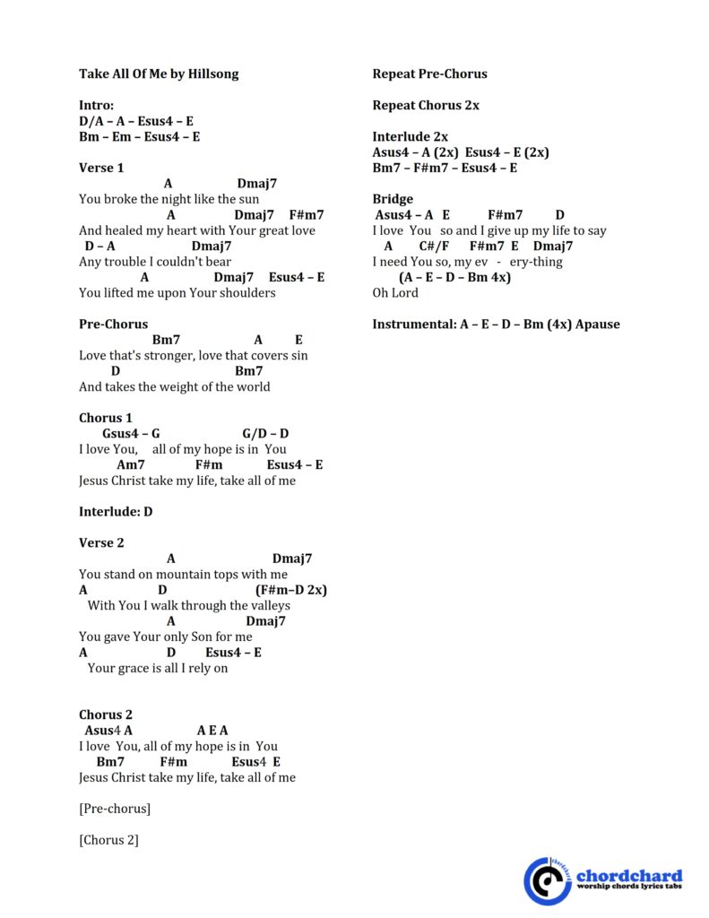 Take All Of Me by Hillsong Chords and Lyrics