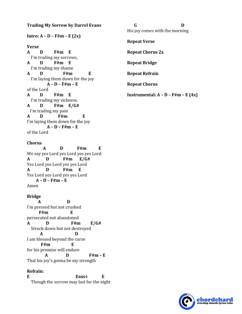 Trading My Sorrow by Darrel Evans Chords and Lyrics