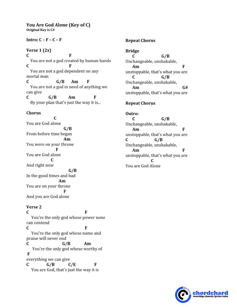 You Are God Alone (Key of C) Chords and Lyrics