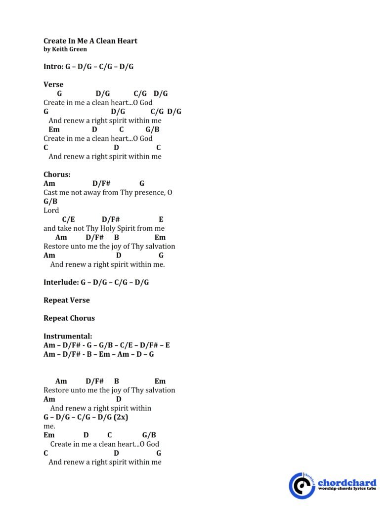 Create In Me A Clean Heart by Keith Green Free Chords