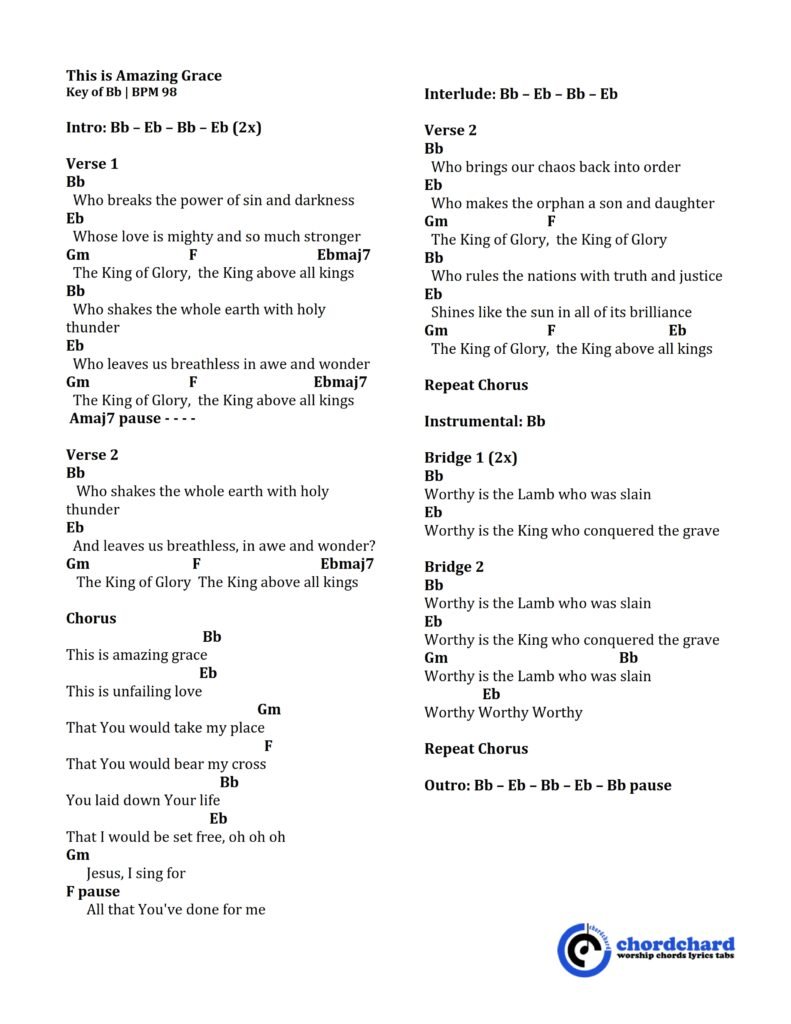 This is Amazing Grace Chords and Lyrics Key of Bb