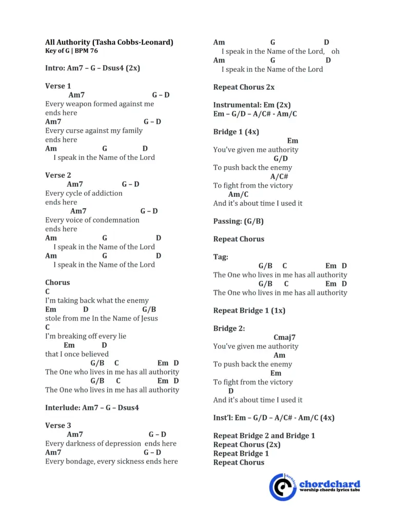 All Authority Chords and Lyrics Tasha Cobbs-Leonard