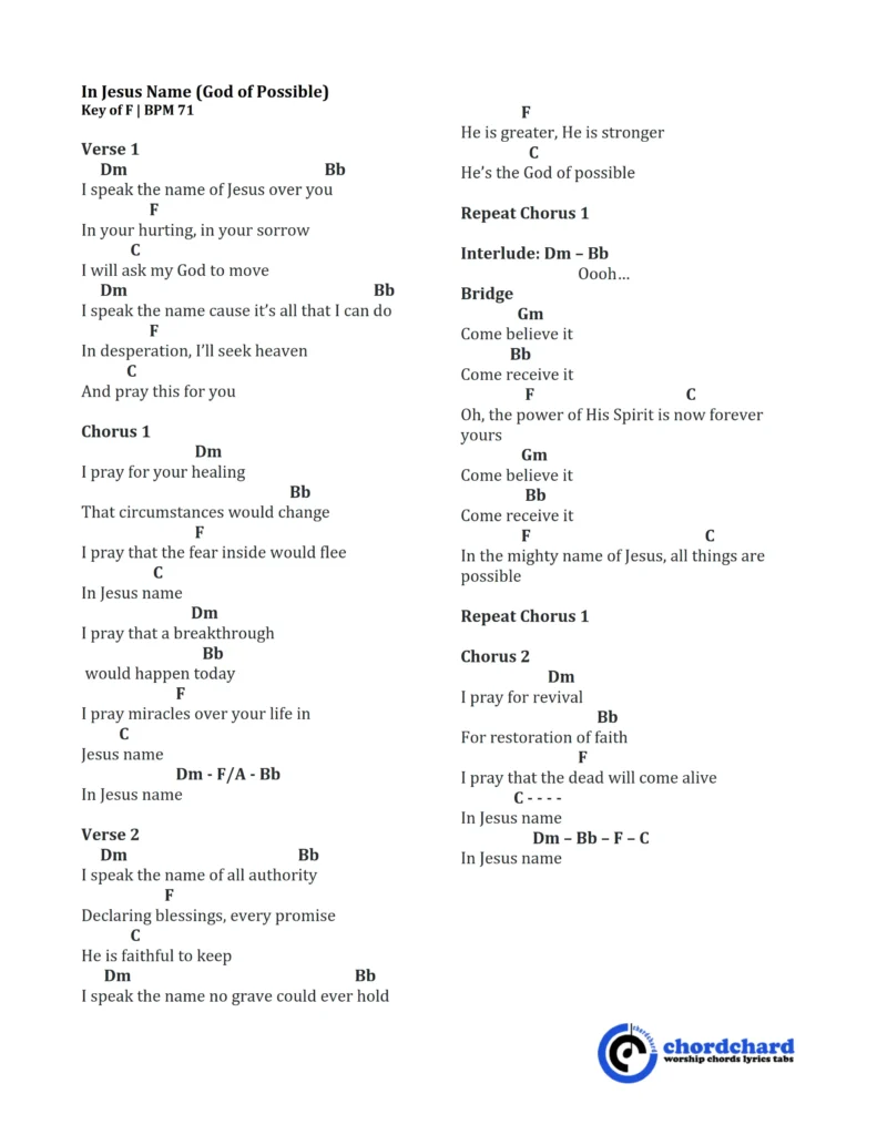 In Jesus Name (God Of Possible) Chords and Lyrics Key of F