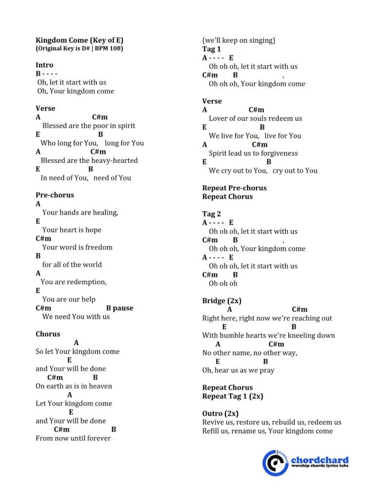 Kingdom Come Chords and Lyrics by Rebecca St. James