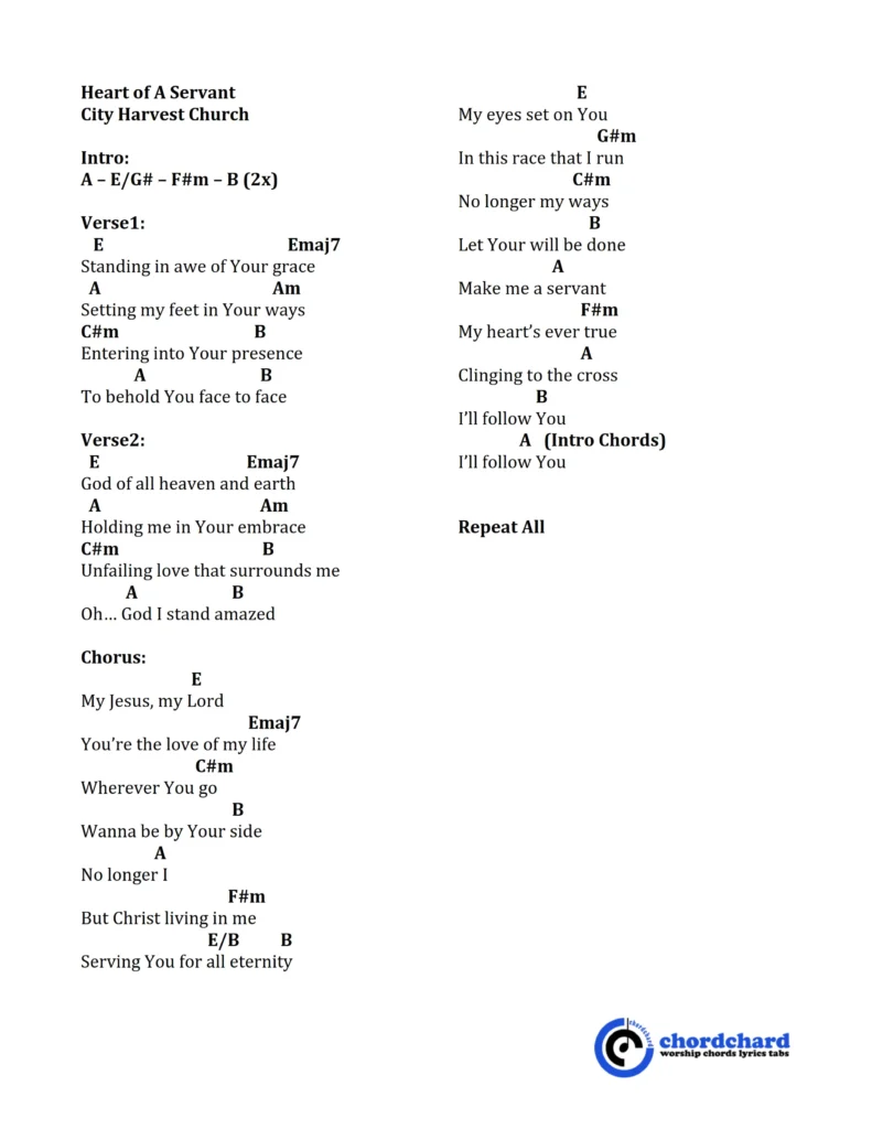 Heart of A Servant Chords and Lyrics by City Harvest Church