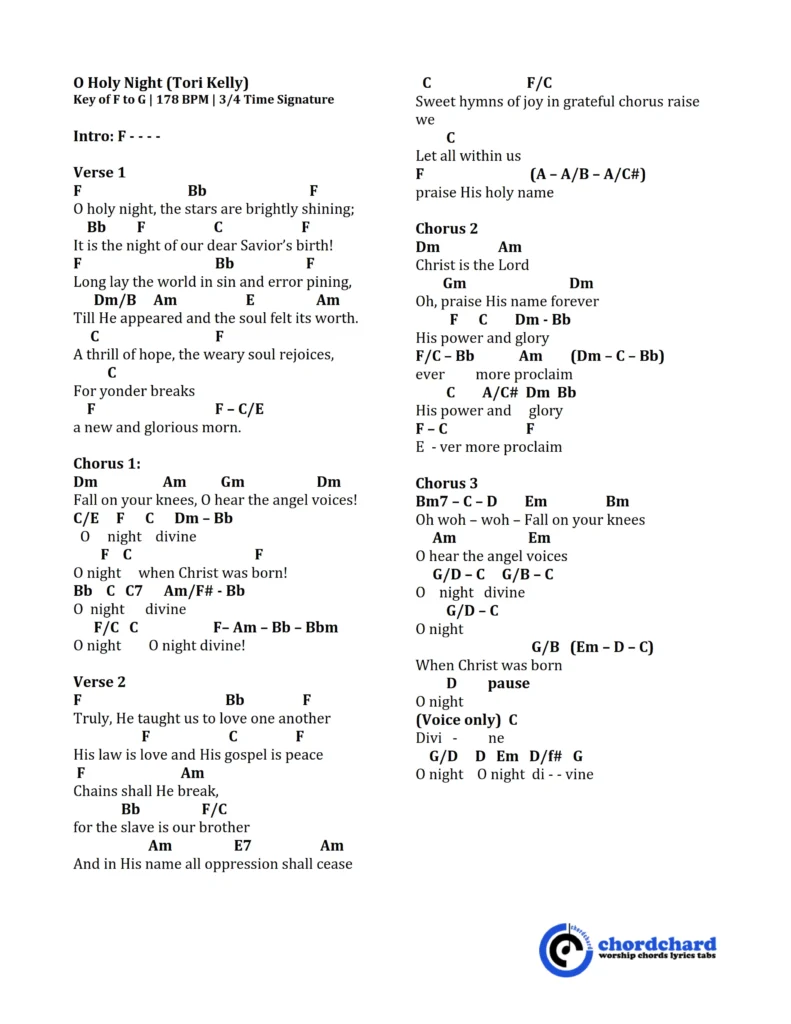 O Holy Night Tori Kelly Chords and Lyrics Key of F to G